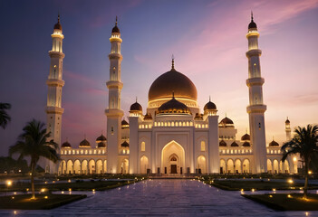 Beautiful mosque illuminated at twilight with clear sky