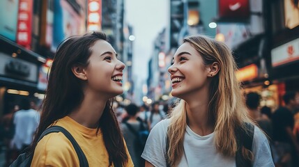 Fototapeta premium Two Friends Enjoying Their Time Exploring the Vibrant Streets of the City Together