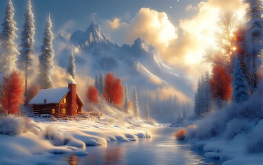 Cozy cabin nestled in snowy mountains at sunrise.