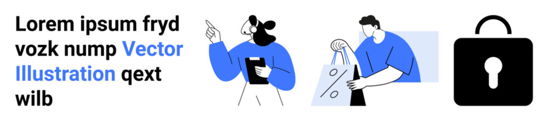 Woman pointing while holding a clipboard, man carrying a shopping bag, padlock. Ideal for business presentations, security concepts, e-commerce, teamwork, data protection, communication modern