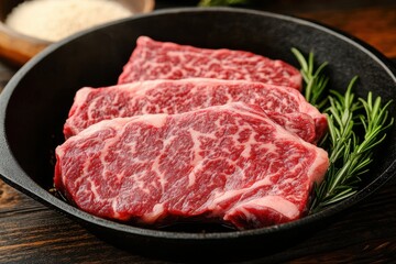 Juicy marbled steak cuts resting in a cast iron skillet with fresh rosemary on a wooden table