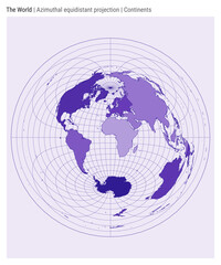 World Map. Azimuthal equidistant projection. Continents style. High detail world map for infographics, education, reports, and presentations. Vector illustration.