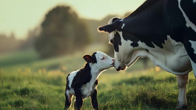 Holstein cow gently cleans her newborn calf and strengthens their bond in a serene landscape