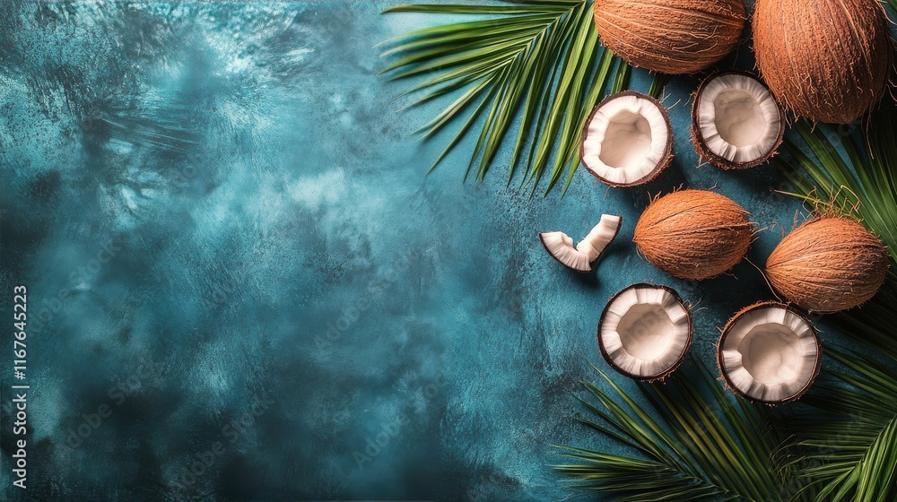 Aufkleber fresh coconuts displayed on a blue rustic surface with cut pieces arranged around
