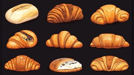 Set of Croissants: French Pastry, Bakery Products, Culinary Art, Isolated Food Presentation