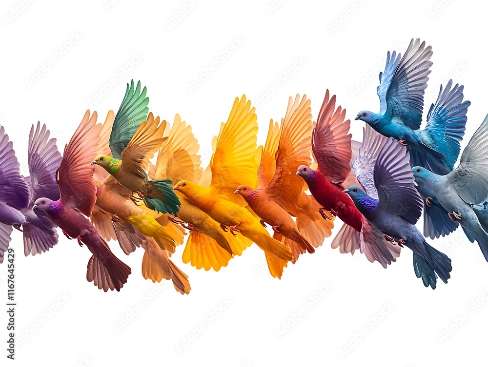 Poster distant flock of rainbow pigeons imaginary with colorful underwings creating a striking visual flyin