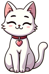 Cute white cat wearing a red collar with heart sitting and smiling