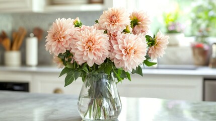 Beautiful bouquet of pink dahlias in a cozy kitchen setting with soft morning light