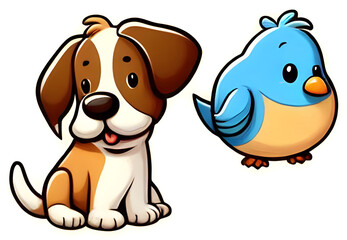 Fototapeta premium Cute puppy dog sitting and smiling with blue bird friend cartoon characters