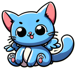 Fototapeta premium Blue cartoon cat with wings sitting down