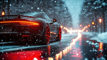 Black sports car driving on snowy road at night.
