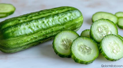 Fresh green cucumber sliced on marble.