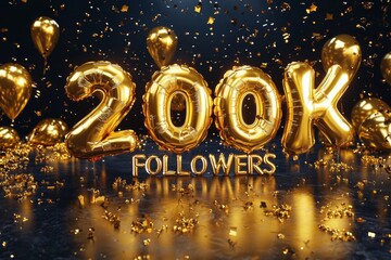 Golden balloons spell out "200K Followers" surrounded by confetti and decorations on a dark background. Ideal for celebrating milestones, social media success, and achievement.