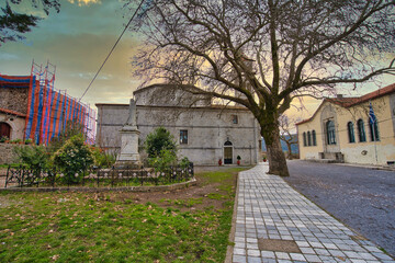 Historic Church and Statue in Dimitsana Village, Peloponnese, Greece..
