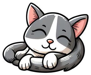 Cute grey and white kitten sleeping peacefully curled up