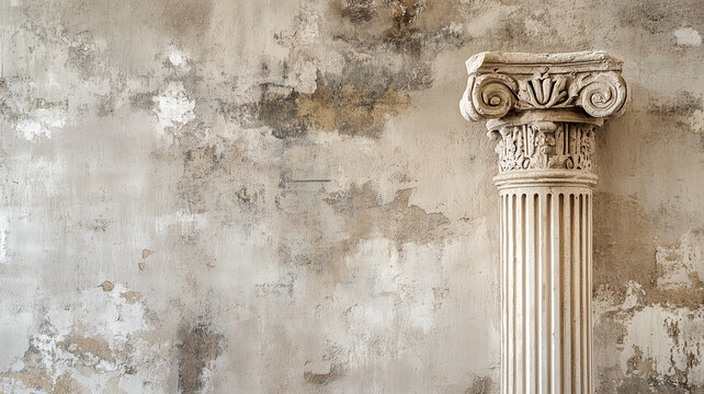 Antique background with Corinthian column background. Antique Ancient Roman wallpaper with Corinthian order. Old plaster concept background. AI artwork.