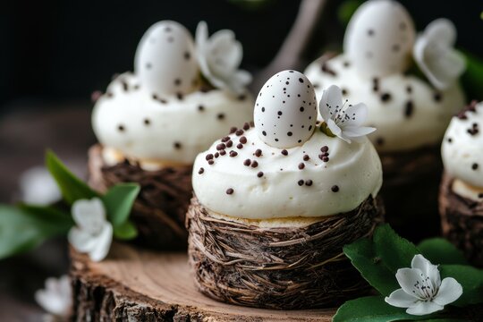easter cake decorating, mini easter cakes resembling nests, adorned with candy eggs and flowers, displayed on a wooden table with greenery