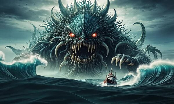 Leviathan's Fury: A monstrous sea creature menacing a small ship amidst towering waves.