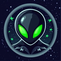Fototapeta premium A stylized alien character with green eyes set against a starry background.