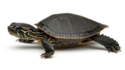 Fototapeta premium Turtle crawling on white background animal photography studio close-up wildlife concept