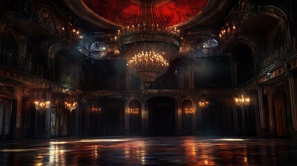Obraz premium An opulent ballroom with chandeliers and dramatic lighting.