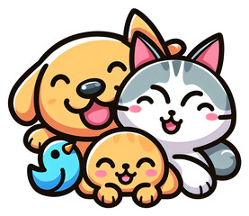 Fototapeta premium Happy cat and dog smiling with a little bird