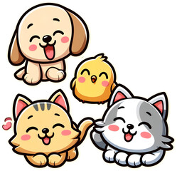 Cute pets puppy kitten and chick smiling and having fun