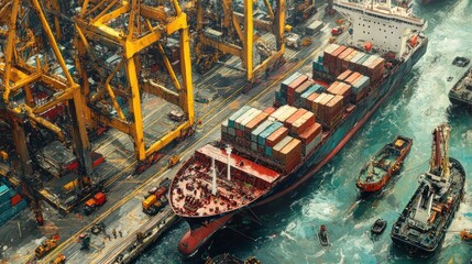 Aerial view of a cargo ship at a busy port with cranes and tugboats.