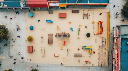 Aerial view of a colorful playground with children playing, surrounded by buildings.