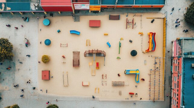 Aerial view of a colorful playground with children playing, surrounded by buildings.