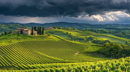 Fototapeta premium Lush Vineyard Under Overcast Sky