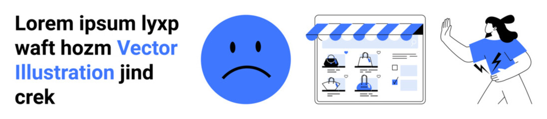 Sad face next to webpage showing online store with products and woman receiving alert notification. Ideal for e-commerce, online shopping dissatisfaction, customer feedback, digital marketing, user