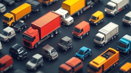 Aerial view of many colorful vehicles in heavy traffic jam.