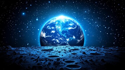 Earth Rising Over Lunar Horizon: Soft Glow on Moon's Cratered Surface, Cosmic Phenomenon, Space Photography