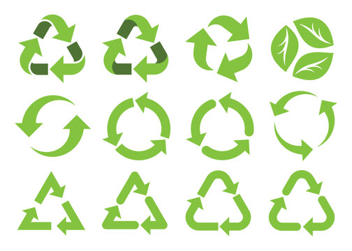 Collection of recycling and rotation arrow symbols. Recycle icons. Recycling arrows. Green icons for packaging, recycling. Ecology, environmentally friendly, environmental management symbols.