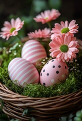 Fototapeta premium Colorful pink decorated eggs placed in a natural basket with flowers and greenery