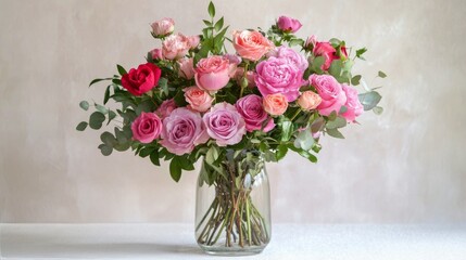 Beautiful bouquet of pink and red roses arranged in a clear glass vase for decoration