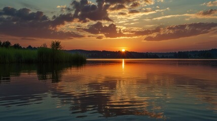 Obraz premium Serene sunrise over a tranquil lake, with vibrant colors reflected on the still water, and a line of vegetation along the shore.