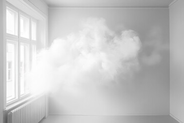 Smoke billowing from a window in a bright, minimalist room during daylight hours