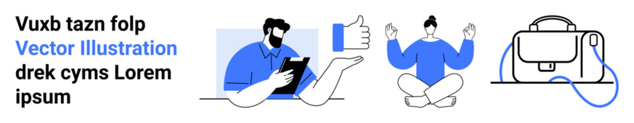 Man with tablet, thumbs up hand, meditating woman, bag with cable. Ideal for digital marketing, e-learning, business presentations, wellness blogs, tech startups, remote work guides, social media