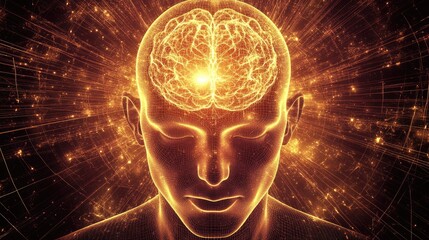 A glowing representation of a human head with a luminous brain, symbolizing thought and consciousness.