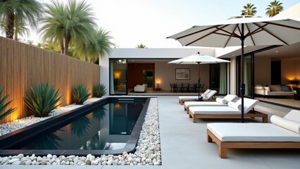 Fototapeta premium A minimalist backyard with a rectangular pool, reflective water features, white gravel, succulents, concrete stepping stones, bamboo screens, and soft lighting, creating modern elegance.