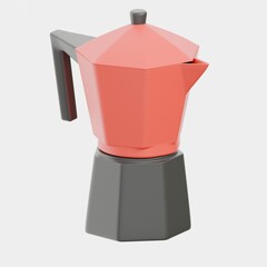 A red coffee pot or coffee maker with a black plastic handle on a white background. The concept of coffee. 3D rendering. Cartoon-style icon.