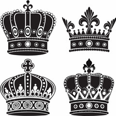 Set of ornate black and white crown vector illustrations elegant royal designs, Crowns icon