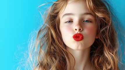 Fototapeta premium Young Caucasian girl with red lipstick puckering lips for a kiss against a vibrant blue backdrop.