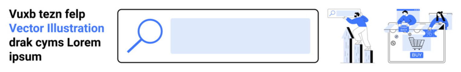 Search bar with magnifying glass icon and illustrative elements of data analysis, online shopping, and business growth. Ideal for digital marketing, e-commerce, SEO strategies, market research