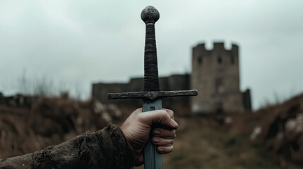 A Hand Holds a Sword with a Castle in the Background