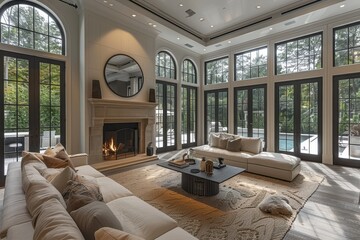 Luxury White Living Room with Fireplace and Large Windows