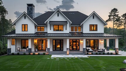White Modern Farmhouse Exterior at Dusk – Cozy Porch with Firepit