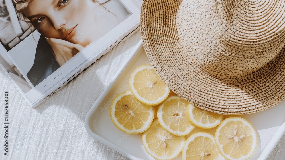 Poster sunshine vibes with a straw hat and fresh lemon slices on a stylish table